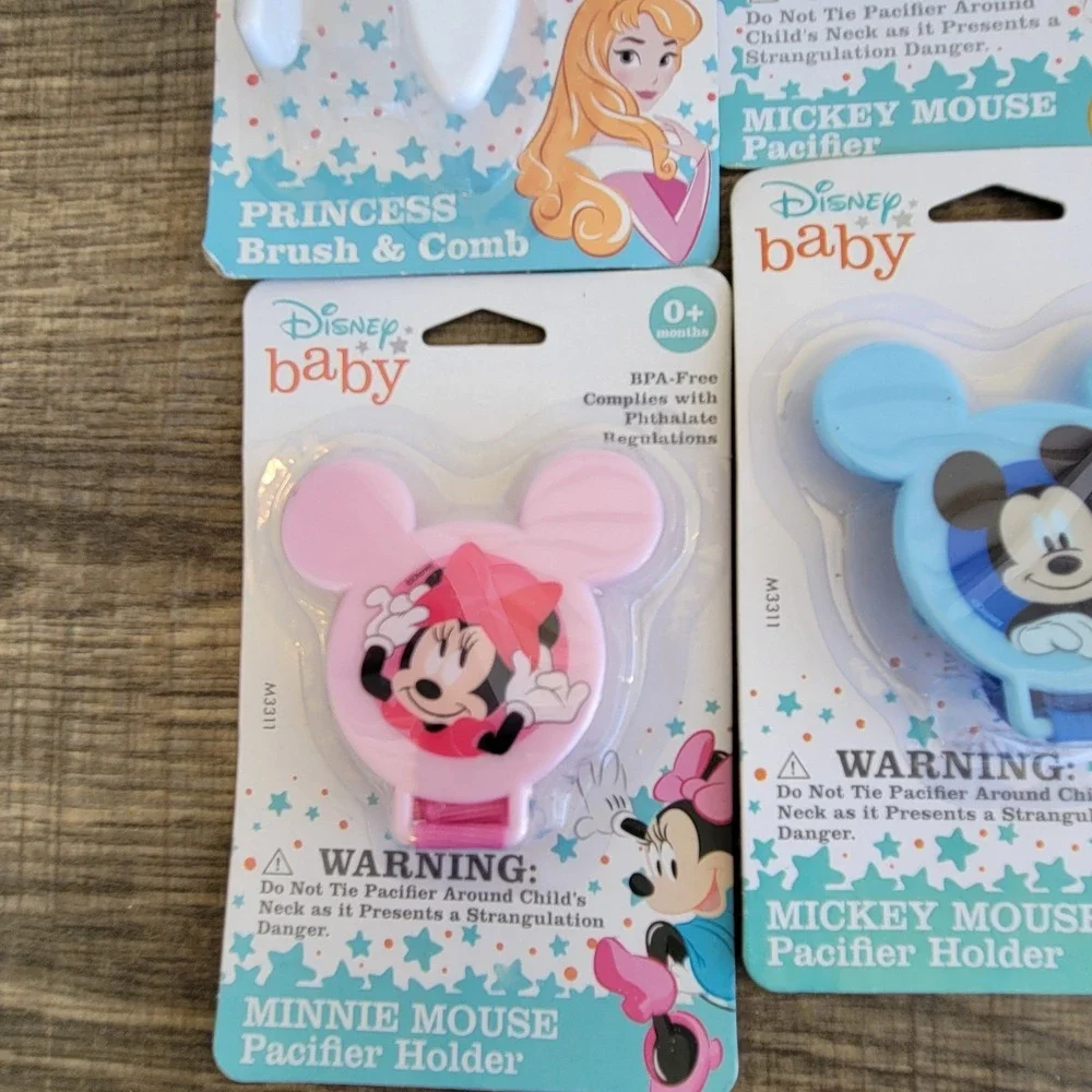 Lot Baby Ariel Mickey Minnie Mouse Cookie Monster Pacifier Holder Brush Comb Set